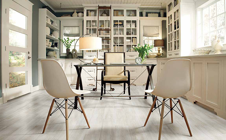 Bright home office with light colored flooring